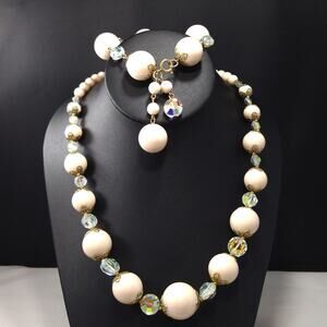 Vintage Lucite AB Crystal Necklace Bracelet Set Mid Century